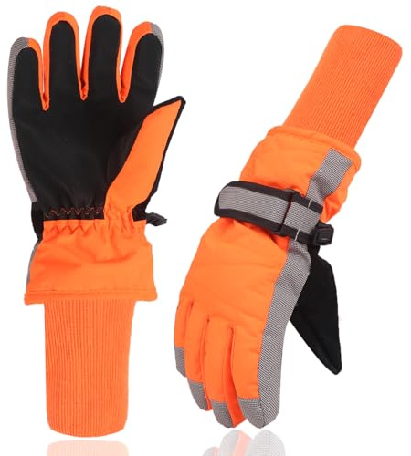 XTACER Kids Ski Snow Gloves Snowboard Winter Warm Cold Weather Gloves for Boys Girls Children (Long Cuff -Orange, 8-10 Years)