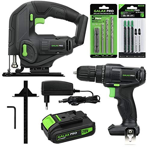 GALAX PRO Seghetto Alternativo a Batteria, Trapano a Batteria, Pacco Batteria 1,3Ah con Caricatore, Fai-da-te Kit di Utensili Elettrici Senza Fili
