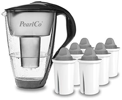 GLAS-Wasserfilter PearlCo (anthrazit) mit 6 Protect+ classic Filterkartuschen (f. hartes Wasser) - Made in EU