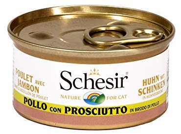 Schesir Cat in Brühe Huhn mit Schinken, Katzenfutter nass in eigener Kochbrühe, 24 Dosen x 70 g