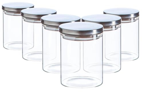 Argon Tableware Scandi Storage Jars with Metallic Silver Lids - 750ml - 6 Pack - Modern Round Organisation Container Glass Jar for Kitchens, Pantry, Bathrooms, Utility Rooms