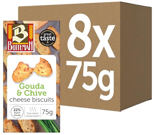 Buiteman Gouda & Chive Cheese Biscuits Pack of 8 x 75g – Luxury Dutch Savoury Snacks – Gourmet Backed Crackers with Aged Gouda and Chive – Perfect for Cheese Boards, Entertaining & Wine Pairing