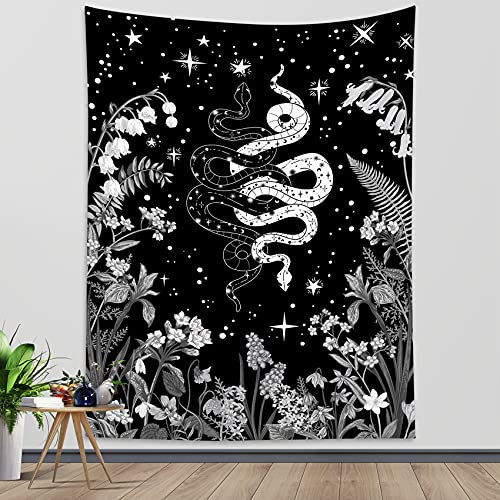 LB 100x150cm Wandteppich Schlange Wandtuch Schwarz und weiß Wandbehang Blumen und Pflanzen Tapisserie für Wohnzimmer Schlafzimmer Wohnheim Wanddeko
