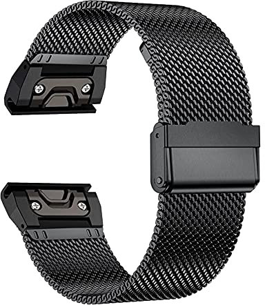 EANWireless: Edelstahl-Milanese-Uhrenarmband, kompatibel mit Garmin Fenix 7X/6X/5X, Schwarz, 26 mm, 7,6 Zoll
