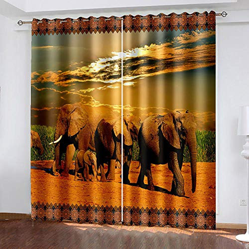 DRFQSK Gardinen Schlafzimmer Wohnzimmer Verdunkelungsvorhang Digitaldruck 3D Afrikanischer Elefant Blickdicht Vorhänge Kinderzimmer Schlafzimmer Thermovorhang Mit Ösen 160 X 70 cm(H X B) 2Er Set