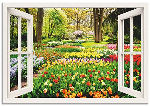 ARTland Wanddeko Wandbild Alu für Innen & Outdoor 100x70 cm Fensterblick Landschaftsbilder Tulpen Blumen U1OS
