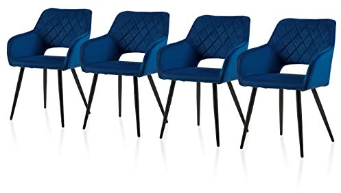 TUKAILAI Esszimmerstühle 4er Set aus Samt, Küchenstuhl Polsterstuhl mit Offener Rückenlehne,Armlehnen,Gepolstertem Sitz, Metallbeinen, Stühle für Wohnzimmer,Esszimmer,Küche, Blau