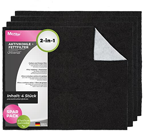 McFilter | 4 Aktivkohle + Fettfilter für Dunstabzugshaube zuschneidbar universal 57 x 47cm, Aktivkohle Filter für Abzugshaube Dunstabzug, Dunstfilter