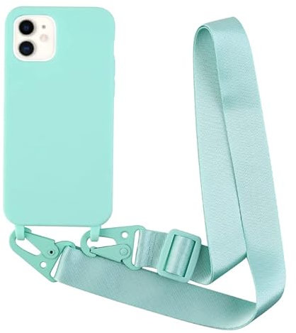 Leather Armor Handykette Hülle für iPhone 11(6.1) mit Band Halsband Lanyard (abnehmbar) Handyhülle,Handyhülle mit Verstellbarer Lanyard,Stoßfest Silikonhülle Handykette Handyhülle .-Türkis