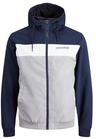 JACK & JONES Jjerush Hood Bomber Noos Pls Jacket Men, Navy jacket/details: white and light grey, 3XL