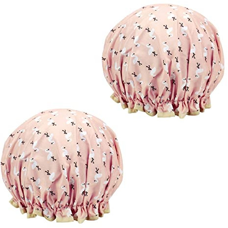 2 Pack Shower Cap for Women, Oil-proof Caps, Double Layers Waterproof Reusable Bath Caps With Ruffled Edge Covering for Girls, Women, Ladies, Kids (Orange Bird 2 Pcs)