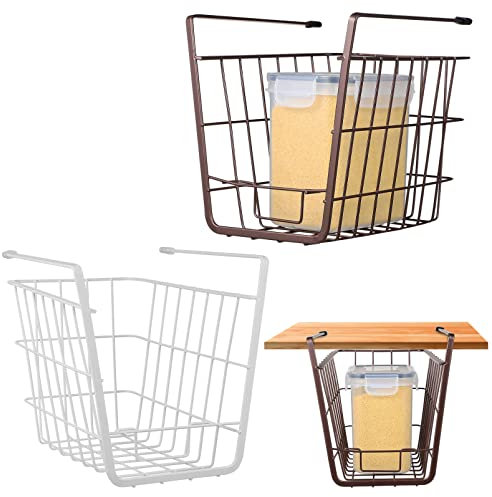 Alipis 2Pcs Under Shelf Storage Basket Iron Wire Hanging Baskets Wall Shelf Organizer Cabinet Container Holder for Kitchen, Bathroom, Office (White+Coffee)