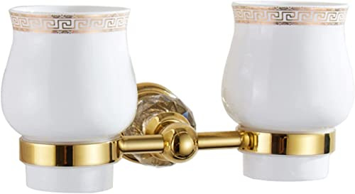 YRUIIA Zahnbürstenhalter (Gold), Wandmontage im europäischen Stil, mit 2 Kristall-Keramikbechern, rostbeständig, Badezimmer-Zubehör, Dekor