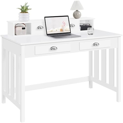 Yaheetech Bureau Informatique en Bois MDF Poste de Travail Table d'Ordinateur avec 4 Tiroirs et Étagère Amovible pour Casiers Coiffeuse Chambre Salon Bibliothèque 106 × 53 × 90 cm Blanc