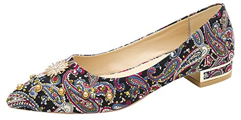 Women's Ballet Flat Fashion Summer and Autumn Pumps Low Heeled Flat Pointed Toe Pearl Rhinestone Colorful Print Sandals Walking Shoes for Holiday Black