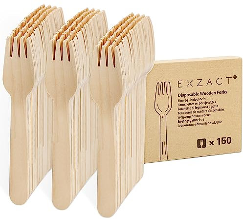 EXZACT Tenedores de madera desechables 150 piezas - Reciclables - Tenedores de cubiertos de madera para fiestas x 150, camping, viajes y barbacoa