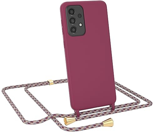 EAZY CASE - Necklace Silicon - kompatibel mit Samsung Galaxy A33 5G Slim mit Microfiber, Phone Case, Abnehmbare Handykordelabnehmbar Beere mit Schulterriemen in Rot Camouflage Clips Gold