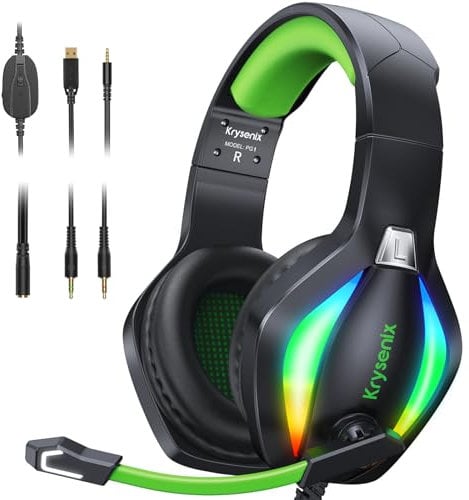 Krysenix PG1 Cuffie Gaming per PS4, PS5, PC, Xbox, Nintendo Switch, Cuffie con Microfono Stereo AI, Cuffie con jack da 3,5 mm e Luce RGB, Nero/Verde