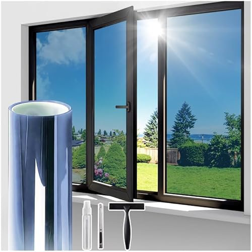 Lifetree One Way Clear Window Film Privacy: Heat Reflective Mirror Window Film for Glass Windows Daytime Anti Glare with Adhesive, UV Window Tint Film Sun Blocker for Home Office (Blue, 44.5 * 400cm)