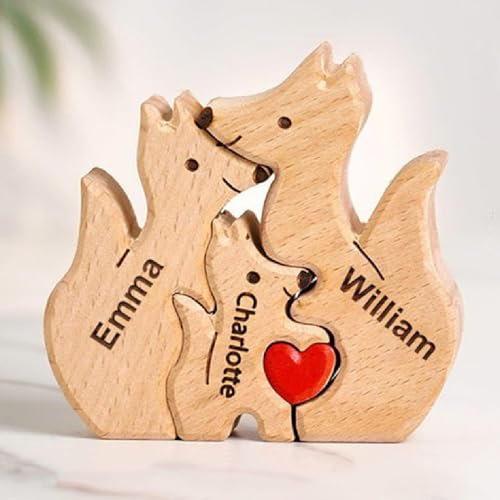 VEELU Personalisiertes Holzkunstpuzzle der Fuchsfamilie mit 1-8 Namen| Holz Bär Skulpturen Desktop Ornament Home Tischdekoration, Geschenk für Familie| Bürodekoration