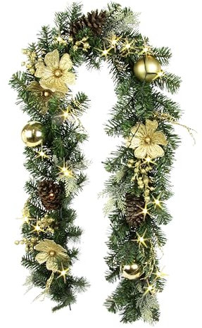 Tannengirlande mit LED-Lichterkette Magnolien Zapfen Tannenbaum-Kugeln Beeren Tanne Künstliche Deko Girlande Kette Tannen-Girlande Weihnachtsgirlande Weihnachtsdeko Deko X'Mas