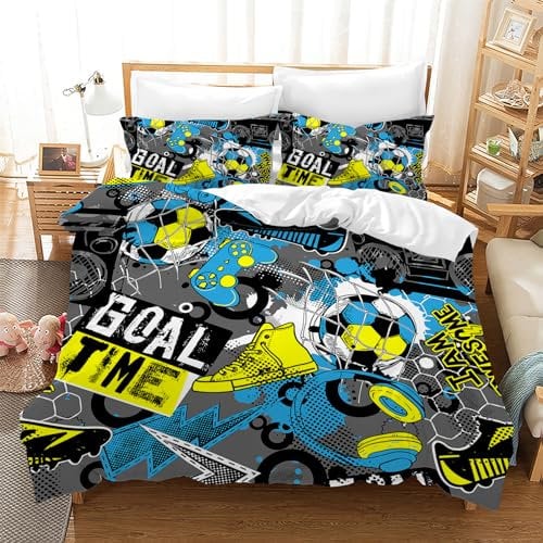 Leleyouzer 3D Fussball Bettwäsche 135×200 cm,Fußball Bettwäsche Set für Jungen Kinder,Weiche Mikrofaser Bettwäsche 3-teiliges Set mit 2 Kopfkissenbezügen 50 x 75 cm (Fussball 2)