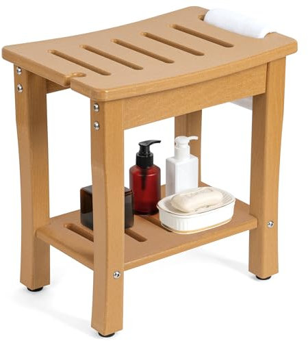 FLyjoe Duschbank für Innendusche, Rasierbeine, wasserdichter HDPE-Duschstuhl, Sitz mit Ablageablage und Griffen, Spa-Duschhocker für Badewanne, Badezimmer, Innen- und Außenbereich, Natur
