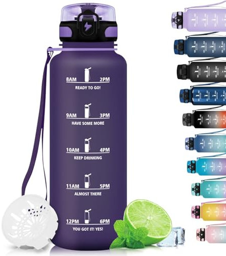 Grsta Botella de Agua - 1500ML - Botella de Agua Deportiva, a Prueba de Fugas y sin BPA, Botella de Agua Motivacional para Gimnasio con Sello de Tiempo para la Escuela, Camping - Morado Profundo