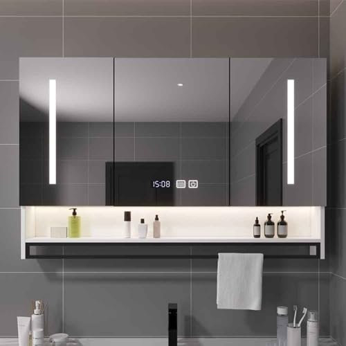 Armoire de Toilette avec Miroir de Salle de Bain LED 80 cm, Meuble sous-Vasque avec Miroir et Miroir de Maquillage Lumineux avec Toucher Anti-buée (Couleur A, Taille 90 cm)