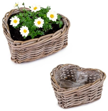 Kubu Lot de 2 pots de fleurs en rotin de qualité supérieure - En forme de cœur - Résistants aux intempéries - 23, 30 cm