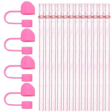 12 Pailles, 1 Pinceau, 4 Bouchons De Paille Rose, Pailles Réutilisables, Pailles Rose Douce, Pailles Longues, Pailles En Plastique