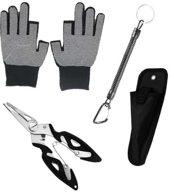 Bamyli Fishing Pliers, Multi-Functional Lightweight Stainless Steel Fishing Hook Remover, Split Ring Pliers with Lanyard, Fishing Scissors Nylon Sheathand, Gloves For Fishing Hunting Black