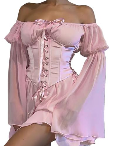 XKBHYD Ladies Two Piece Sets Corset Dress Off Shoulder Bell Sleeve Chiffon Dresses Womens Lace-Up Mini Bustier Party Dress Pink