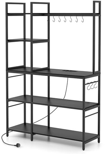 TANGZON 5-Tier Baker’s Rack, Microwave Stand with Charging Station, 10 Hooks & Anti-tipping Device, Metal Frame Utility Kitchen Shelves Organiser Coffee Bar Stand for Spices Pots Pans (Black)
