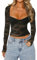 Women's Sexy Floral Lace Long Sleeve Sweater Heart Neck Mesh Crop Top, Slim Fit Layering Going Out Tee Blouse (Black, S)