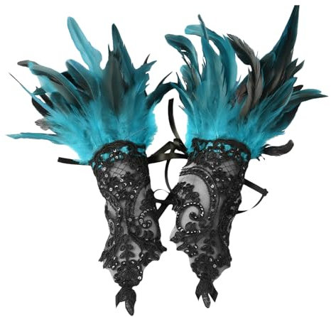 Lufdegim Damen Spitze Feder Fingerlose Handschuhe, Mesh Feder Lange handschuhe für Karneval, Halloween, Hochzeit Kostüm Zubehör (Blau, 36cm)