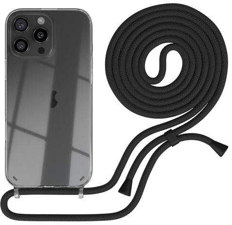 EAZY CASE Handykette kompatibel mit iPhone 16 Pro Max Handyhülle mit Umhängeband, Handykordel mit Schutzhülle, Silikonhülle, Hülle mit Band, Stylische Kette für Smartphones, Schwarz - Clips Schwarz