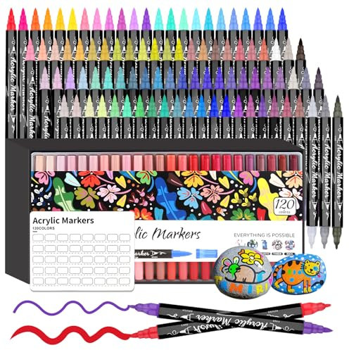 Funnasting Acrylic Paint Pens, 120 Colours Dual Tip Paint Pens, Acrylic Markers with Brush and Fine Tip for Rock Painting, Glass, Wood, Paper, Ceramic