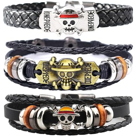 PQKL-party One Piece Armbänder Merch 3 Stück Wickelarmband mit Teufelsauge mit Accessoires in Schädelform und geflochtenem Leder schönes Geschenk Dekoration