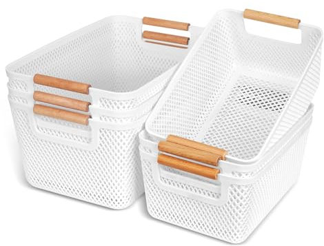 OSTWOLKE 6 Stück Aufbewahrungsbox Weiß, Kunststoff Aufbewahrungskorb ohne Deckel, Atmungsaktiv Aufbewahrungsboxen mit Griffen aus Massivholz, Boxen Aufbewahrung Plastikbox für Badezimmer Küche