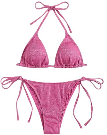 ORANDESIGNE Ensembles Maillots Deux Pièces Femme Bikini Set à Paillettes Bikini Réglable Triangle Sexy à Lacets Maillot de Bain 2 Pièces Bikini Taille Basse A Rose S