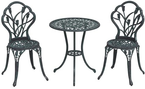 Outsunny Set Gartenmöbel 2-Sitzer 2 Stühle + Runder Tisch Aluminiumguss Schmiedeeisenimitat Grün