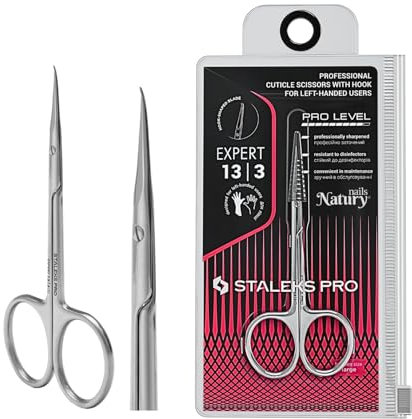 STALEKS PRO by Natury Nails Tijera profesional de cutículas con gancho para zurdos. Manicura. Anillos ergonómicos. Acero inoxidable. Expert SE-13/3