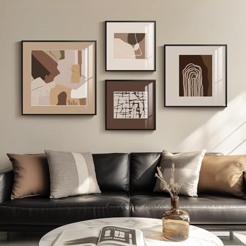 Framed Neutral Abstract Wall Art for Living Room, 4 Piece Earth Tone Art Prints Paintings Artwork for Walls, Modern Minimalist Pictures for Hallway Fireplace Dining Bedroom Office Bathroom Wall Decor