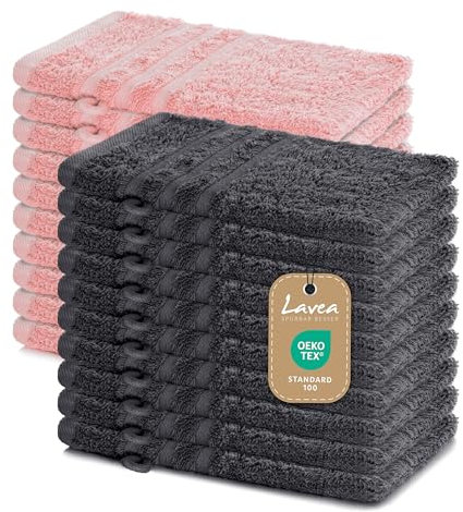 Lavea Lot de 20 Gants de Toilette 15 x 21 cm – Gants de Toilette absorbants et Doux en 100% Coton – Série Elena – Gants de Toilette lavables et résistants – Anthracite et Rose Pastel