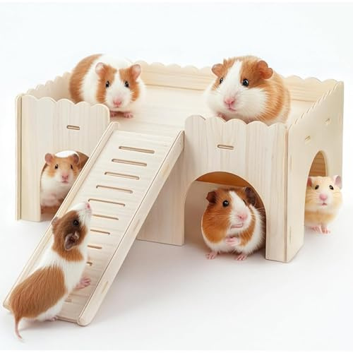 Großes Meerschweinchen Haus, Holz Aufbewahrungskorb mit Deckel und Rampe: Großes Meerschweinchen Versteck, Mehrkammer-Spielzeug für Degus, Hamster, Kleintiere, 38 x 25 x 18 cm