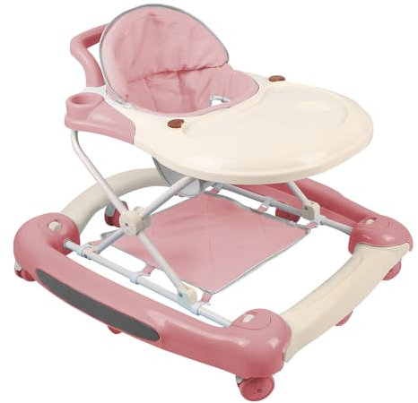 Poussette pour bébé avec fonction balançoire à roulettes, 5 en 1 lumière, musique, centre de jeu Table à manger pour bébé pliable à partir de 6 mois-67 * 72 * 92cm- Rose (A)