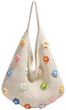 HORREX Strandtasche Damen Boho Stil, Gewebt Beach Bag mit Bunten Blumen | Sommer Häkeln Handtasche Damen, Stylishe Tote Bag für Aufbewahrung Wichtiger Dinge Wie Geldbörsen Sonnenbrillen (Off White)