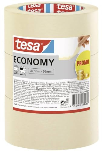 tesa Malerband ECONOMY - Vielseitiges Klebeband für Malerarbeiten ohne Lösungsmittel - Bis zu 4 Tage nach Gebrauch rückstandslos entfernbar (50m x 50mm | 3 Rollen, Single)