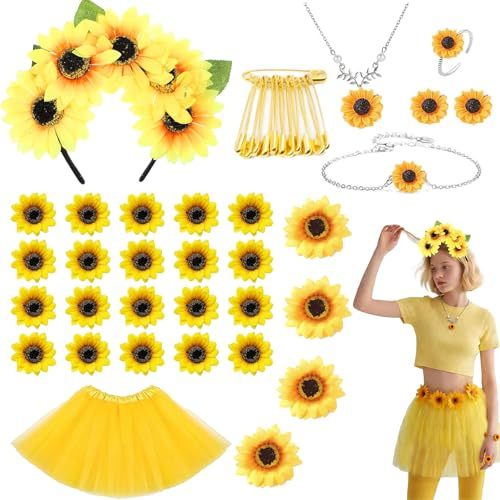 Efymosce Sonnenblumen Kostüm Damen, Karneval Kostüm, Sonnenblume Gelber Tüllrock, Sonnenblumen Deko, Haarreif, Ohrringe, Halsketten für Fasching